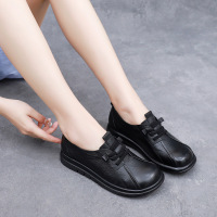 Brookings头层牛皮圆头中口系带单鞋纯色平底大码女鞋2023春夏新