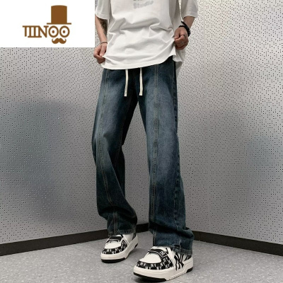 YANXU美式街头水洗做旧抽绳松紧腰牛仔裤男女宽松显瘦百搭直筒休闲长裤