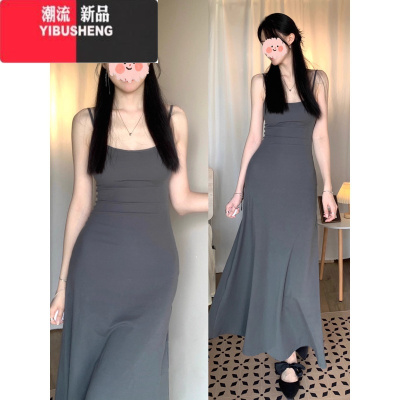 YIBUSHENG纯欲酒红色吊带长款连衣裙女装季紧身包臀长裙修身收腰性感裙子