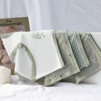 ins风印花纯棉女士内裤 棉质可爱中腰内裤 蕾丝边无痕纯棉内裤女