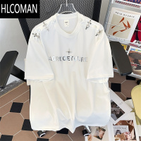 HLCOMAN美式设计感金属扣垫肩短袖T恤男女vintage痞帅炸街印花圆领五分袖
