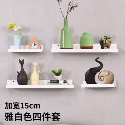 美帮汇客厅墙上置物架卧室壁挂电视背景墙装饰架一字实木板简约现代书架 雅白色四件套