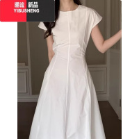 YIBUSHENG韩国chic季小众高级感圆领系带收腰显瘦纯色长款飞飞袖连衣裙女
