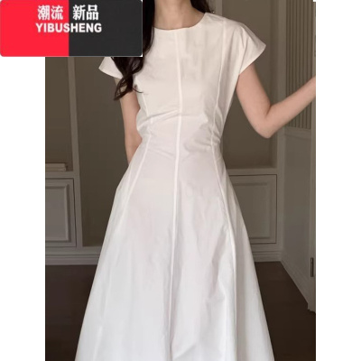 YIBUSHENG韩国chic季小众高级感圆领系带收腰显瘦纯色长款飞飞袖连衣裙女