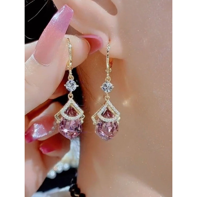 高级感微镶钻扇形个性精致感百搭简约耳饰耳坠不规则紫色水晶耳环送女朋友老婆情人节七夕生日礼物