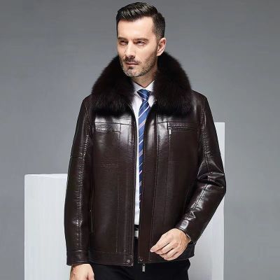 免费试穿 海宁真皮春秋装加绒加厚中年皮衣男宽松大码皮夹克中老年爸爸装毛领皮袄外套海宁真皮绵羊皮
