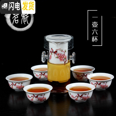 三维工匠耐热加厚玻璃红茶泡冲茶器陶瓷不锈钢内胆过滤泡茶壶普洱茶具茶杯 红茶[7件套]水点桃花