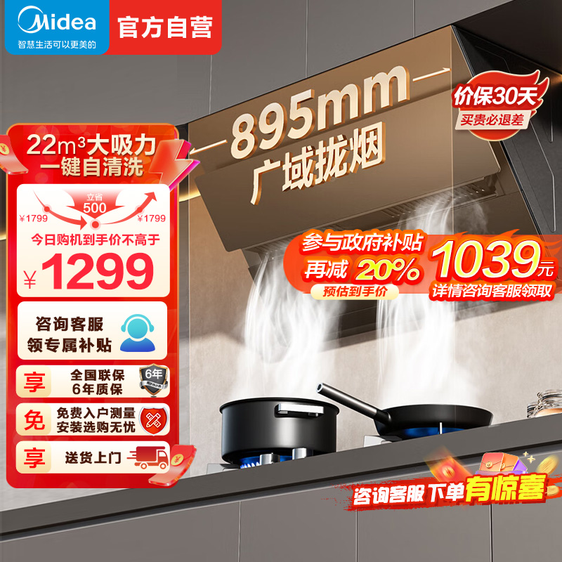 美的(Midea)抽油烟机侧吸式家用厨房油烟机22m³大吸力立体环吸挥手智控自清洗吸油烟机CXW-280-J25Spro