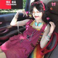 YIBUSHENG日系奶甜背带裙女小个子多巴胺穿搭玫红色宽松显瘦工装牛仔短裙