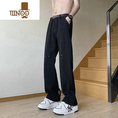 YANXU美式秋季潮牌牛仔裤男士按扣设计感修身裤子vibe潮流高街直筒长裤