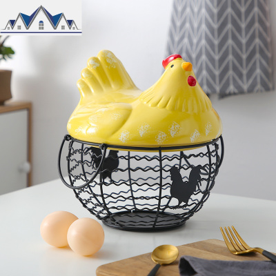 个性创意陶瓷母鸡铁艺鸡蛋水果收纳篮子 厨房摆件 餐馆装饰储物篮 三维工匠