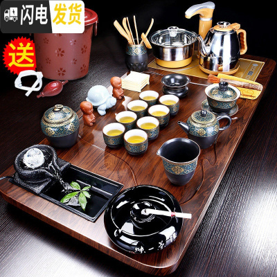 三维工匠功夫茶具套装家用简约茶盘整套办公室用客厅会客全自动茶台烧水壶 曲流茶盘+古韵陶泥B配件598 20件
