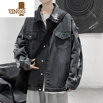 YANXU牛仔外套男秋季宽松感痞帅欧美高街hiphop高街款破洞夹克