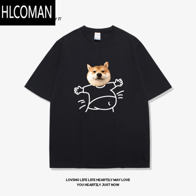 HLCOMAN设计感小狗小猫潮牌短袖t恤男夏季新款黑色宽松情侣半袖