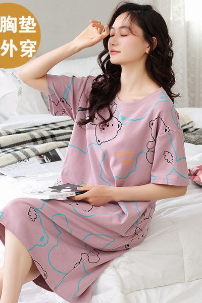 夏季短袖卡通睡裙女棉质带胸垫家居服中长款大码可外穿宽松连衣裙