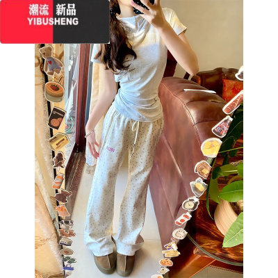 YIBUSHENG甜妹碎花微喇裤女季2024新款高腰运动休闲阔腿裤小个子美式卫裤