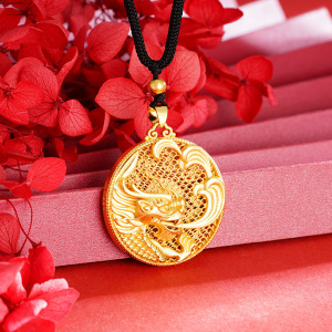 新款越南沙金古法镂空祥云龙牌项链吊坠福字铜镀金龙高保色金店款送女朋友老婆情人节七夕生日礼物 均色