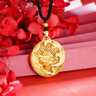 新款越南沙金古法镂空祥云龙牌项链吊坠福字铜镀金龙高保色金店款送女朋友老婆情人节七夕生日礼物