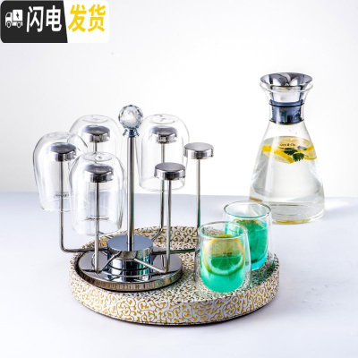 三维工匠家用冷水壶耐热防爆玻璃杯子套装凉水杯水具北欧创意茶具 菲拉斯+6水滴杯+圆盘金色+旋转杯架