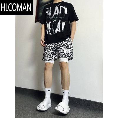 HLCOMAN美式潮牌复古运动四分篮球短裤不过膝宽松豹纹潮流运动短裤假