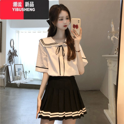 YIBUSHENG百褶裙子少女装2024新款初中学生学院风领短裙连衣裙JK套装