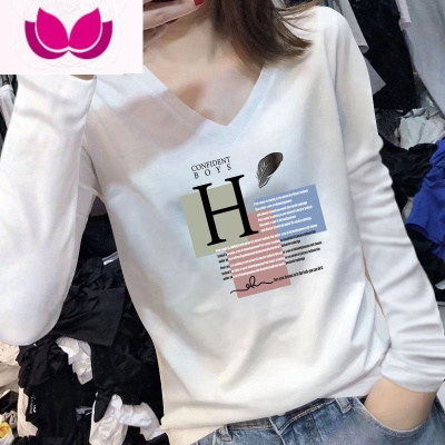 七斓欧洲站v领长袖t恤女2023早春新款韩版修身显瘦百搭时尚上衣女