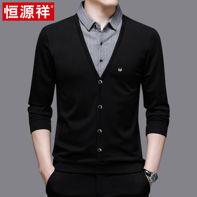 恒源祥春秋薄款假两件男士长袖t恤衬衫领秋装上衣中年针织打底衫