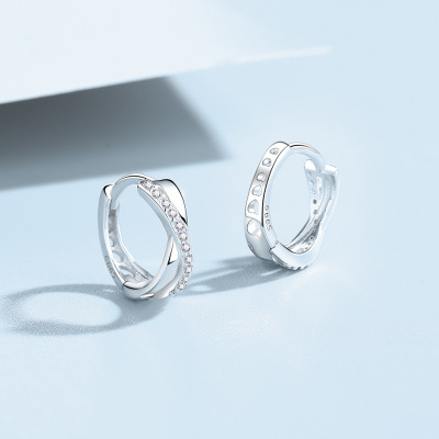 足银999交叉锆石纯银耳环高级简约个性气质耳圈养耳洞耳饰品批发送女朋友老婆情人节七夕生日礼物