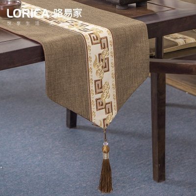 新中式桌旗禅意刺绣棉麻茶旗餐桌垫长条桌布艺现代简约电视柜 云中君-深卡其 33*330cm(适用桌长2.7米-2.9米)