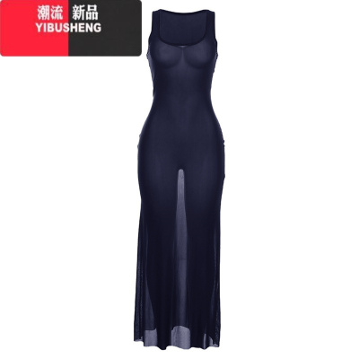 YIBUSHENG季新款网纱镂空吊带裙女显瘦性感小众连衣裙防晒包臀长裙