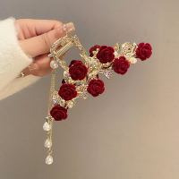 红色玫瑰流苏抓夹女2024新款高级感发夹后脑勺大号鲨鱼夹新年头饰送女朋友老婆情人节七夕生日礼物