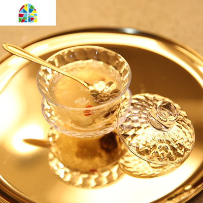 燕窝盅带盖玻璃碗甜品碗套碗透明家用欧式碗碟套装纹 FENGHOU 纹玻璃带盖碗+盘+金樱花勺