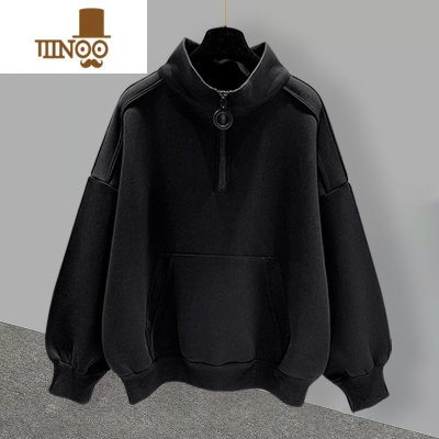 YANXU港风半高领卫衣男加绒潮流百搭宽松拉链设计纯色帅气男生长袖
