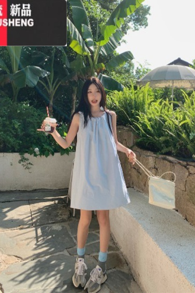 YIBUSHENG蓝色无袖挂脖连衣裙女季小个子A字裙系带休闲背心裙子
