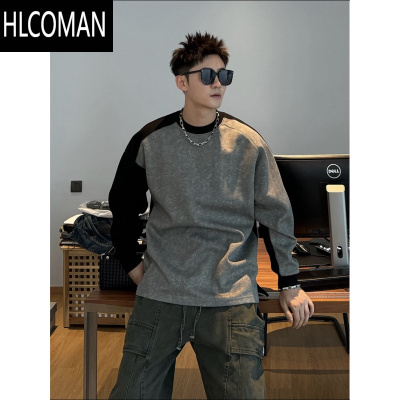 HLCOMAN秋季新款AB面拼接撞色卫衣男美式潮流百搭宽松圆领时尚长袖T恤