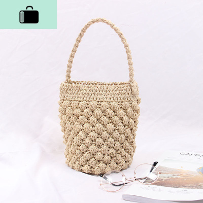 ins编包女海边度假沙滩包巴厘岛2019新款小水桶手提时尚编织包NEW LAKE 豆豆水桶米白色女士手提包