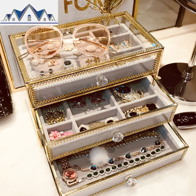 金边玻璃首饰盒手饰品耳环收纳盒公主耳饰项链耳钉戒指整理收纳架 三维工匠