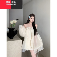 YIBUSHENG法式蝴蝶结一字肩雪纺连衣裙女装季气质露肩宽松泡泡袖网纱短裙