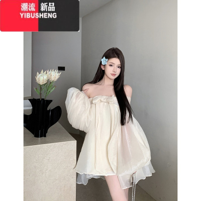 YIBUSHENG法式蝴蝶结一字肩雪纺连衣裙女装季气质露肩宽松泡泡袖网纱短裙