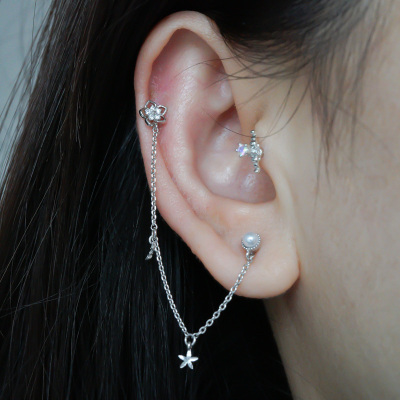 双耳洞链式爱心花朵珍珠百搭时尚气质韩国进口双头耳骨钉送女朋友老婆情人节七夕生日礼物