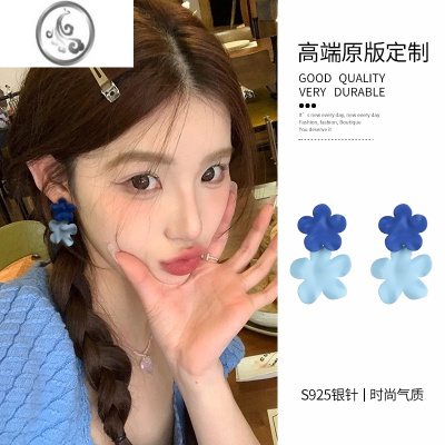 JiMi蓝色撞色花朵耳环夏天清冷感夸张耳饰海边耳夹无耳洞女小清新耳钉