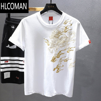 HLCOMAN2025重工凤凰刺绣T恤男大码半袖潮流宽松短袖国潮中国风男装