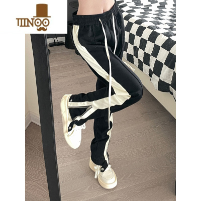 YANXU9002up高街直筒修身黑色裤子潮牌男垂感裤脚拉链休闲裤百搭运动裤