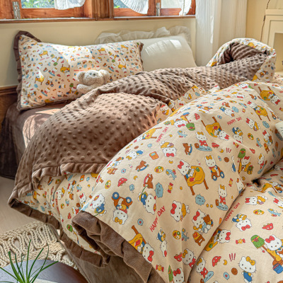 复古高级全棉双层纱棉加豆豆绒被套冬季棉加绒ab版牛奶绒被罩单件