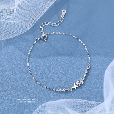 s925纯银锆石蝴蝶手链女森系轻奢潮流气质百搭简约高级感手饰批发送女朋友老婆情人节七夕生日礼物