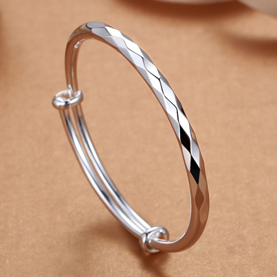 水立方银手镯9999纯银女推拉式实心年轻款时尚个性简约圆条银镯子送女朋友老婆情人节七夕生日礼物