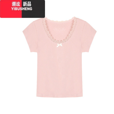YIBUSHENG纯欲风蝴蝶结蕾丝花边短袖T恤女装季甜辣妹短款U领上衣