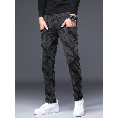 新季潮流裤子男士冬季舒适弹力印花休闲裤男款百搭修身直筒裤男生
