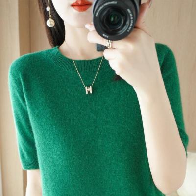 新款针织衫短袖T恤女圆领半袖宽松毛衣外穿内搭修身套头打底上衣