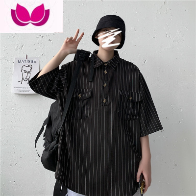 七斓夏季薄款潮流ins条纹短袖衬衫外套男原宿宽松港风衬衣百搭五分袖